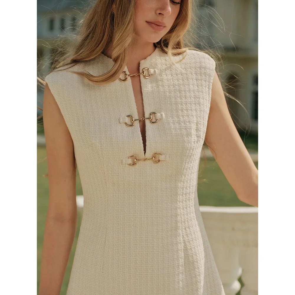 Commense Tweed Mini Dress Sleeveless Gold Buckle Detail Ivory Party Cocktail M‎ - Picture 15 of 17